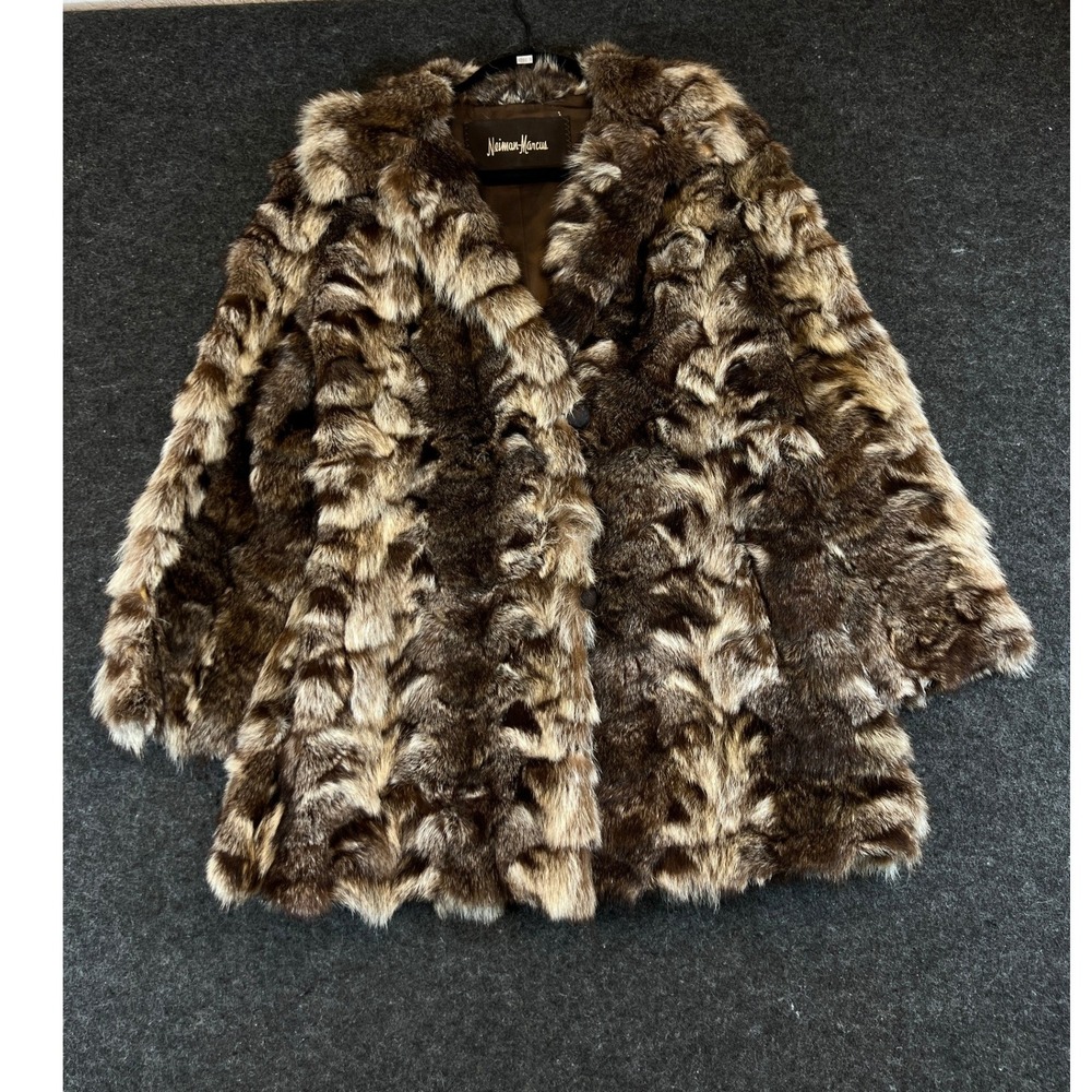 Vintage Neiman Marcus Raccoon Fur Coat Brown Mid Length Jacket Designer Luxuary